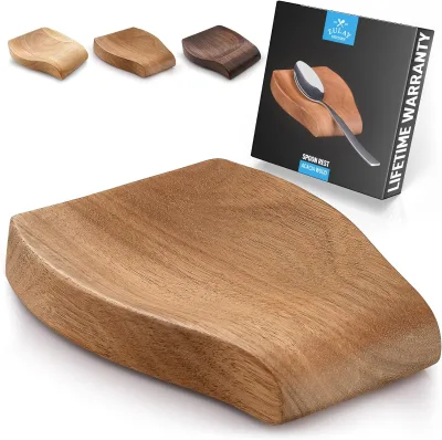 Acacia Wood Serving Spoon Rest for Kitchen - Smooth Wooden Spoon Holder for Stovetop With Non Slip Silicone Feet