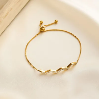 Hot Sale Gold-color Stainless Steel Geometric Pattern Asscher Cut Diamonds Bezel Set Pull-Out Adjustable Length Charm Bracelet