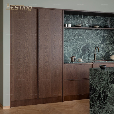 Scandinavian Design Beautiful Wooden Kitchen with Green Marble Countertops Customizable Kitchen Cabinets