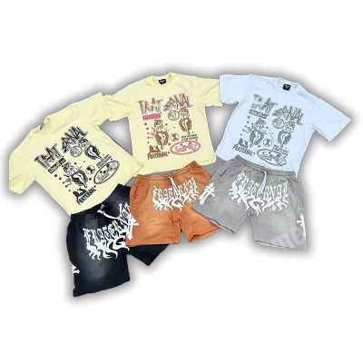 MeiY Custom Streetwear T Shirts Dtg Print Cotton Sports Shorts T-Shirts 2 Pieces Set Jogging Suits Basketball Shorts Set for Men