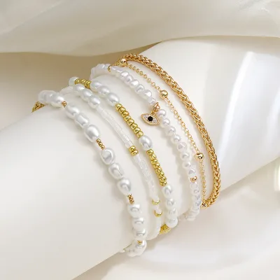 Wholesale High Quality Brass Multi-Layer Pearl Anklets with Eye Pendant Fashion Jewelry for Women Beaded Ankle Chain