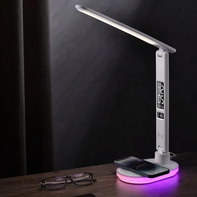 Foldable Multifunction LED Desk Lamp with Wireless Charger Calendar Temperature Alarm Clock Wireless Charging Reading Lamp