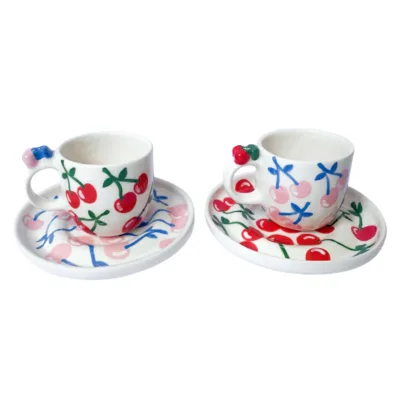 Fruit Market 2 Espresso Mug Cups with Saucers Set of Two Handmade Ceramic Coffee Cups Coffee Lover Gift