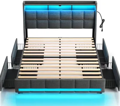 LED - Lit Upholstered Storage Bed with Adjustable Lights