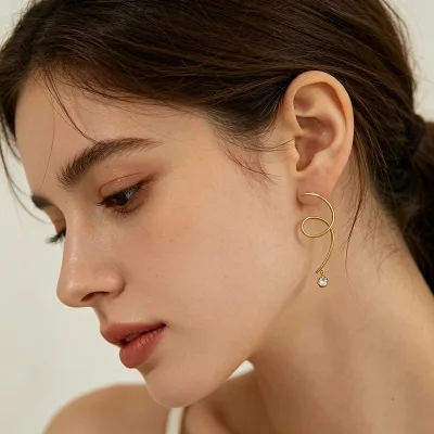 Wholesale Waterproof Stainless Steel Asymmetric Spiral Earrings Twisted Metal Wire Zircon Dangle Earrings for Women