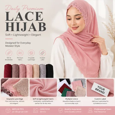 Custom Fashion Embroidery Edge Soft Flowy Lace Hijab Shawl Luxury with Leaf Pattern Four Seasons