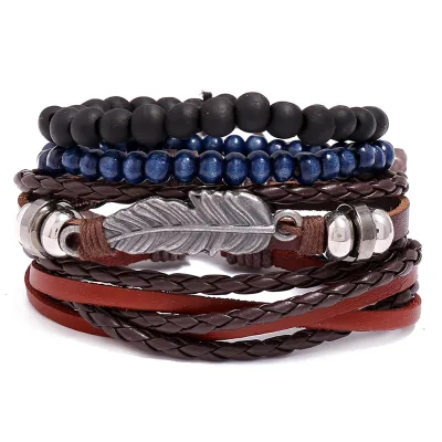 Vintage Cow Leather Bracelet Men New Men's Leather Set Bracelet Leather Product Feather Wood Bead Pull Cord Bracelet
