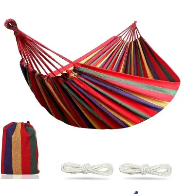 Outdoor Canvas Hammock Swing Single and Double Person Colorful Stripes Outdoor Bent Stick Polyester Cotton Hammock Anti-rollover