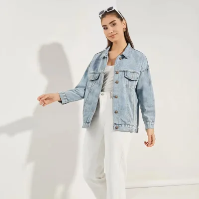High Quality Women's Oversize Denim Jacket Casual Button Coat with Washed Finish for Fall/Winter Season Wholesale Jean Outwear