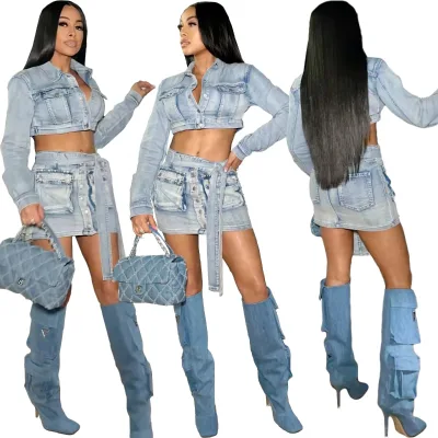 Sexy Jean Skirt Sets for Women Fashion 2 Piece Jean Skirt Set New Design Jean Skirt Sets