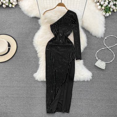 Spring Oblique Shoulder Hot Drill Waist High Slit Dress Gowns for Women Evening Dresses