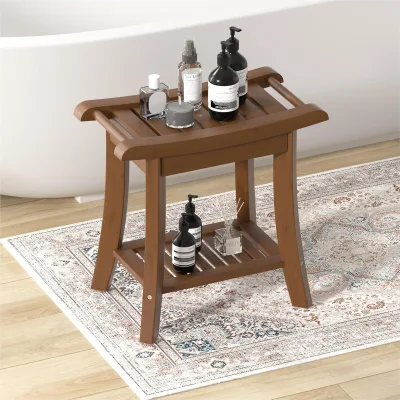Factory Price Bamboo Shower Bench Stool with Storage Shelf Waterproof Shower Chair Small Corner Shower Stool for Adults