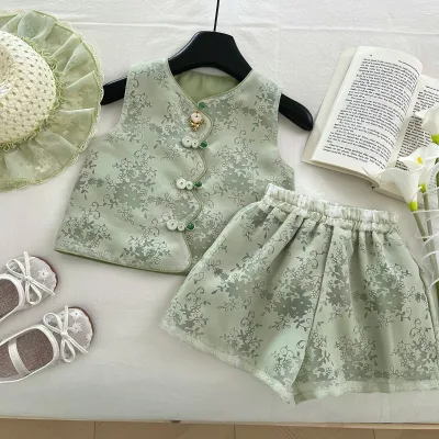 Girls Summer Casual New Chinese Style Suit Children's Sleeveless Plate Button Two-Piece Set