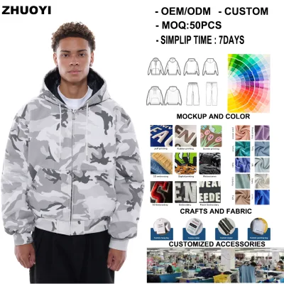 Custom Distressed French Terry Cotton Zipper Camouflage Heavyweight Cropped Boxy Acid Washed Zip up Camo Hoodies Men