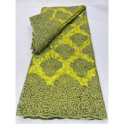 Hot Selling Cotton Cord Lace Fabric Green Color with Sequins Elegant Style for Nigerian Women Dresses