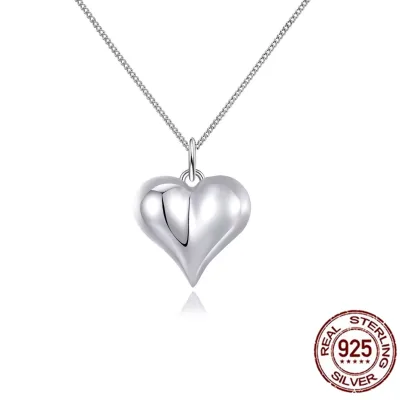 Pretty Fine 925 Sterling Silver Glossy Heart Pendant Chain Minimalist Love Heart Choker Necklace for Women Daily Wear Gift