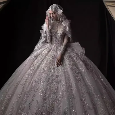 NDB10489 Wedding Dress High Collar Long Sleeved French Heavy Industry Luxury Tailored Bridal Theme Wedding Dress