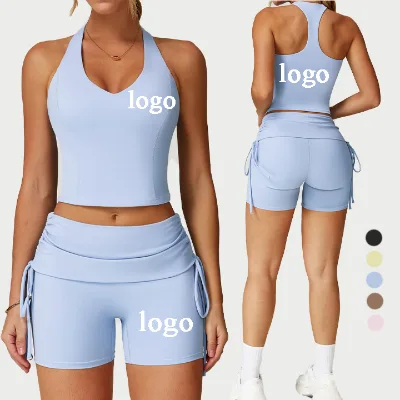 Racer Back V Neck Womens Sports Bra and Shorts Gym Set Quick Dry Yoga Sets Fold Over Drawstring 2 Piece Yoga Set