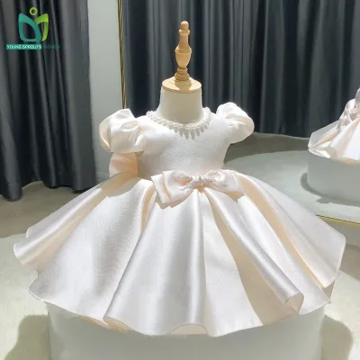 Satin Ball Gown Dress for Girls Kids Children Formal Princess Dresses with Bow Decoration Solid Style Fancy Baby Frock Styles
