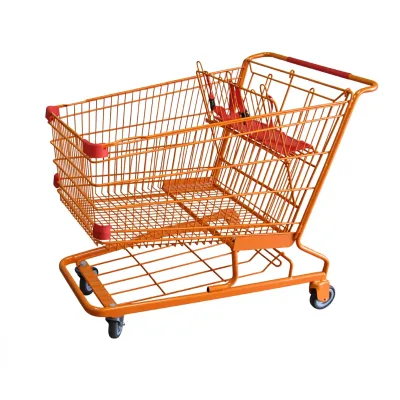 American Style Large Size Hypermarket 250L Unfolding Shopping Cart with Two Baby Seats Powder Coated Supermarket Cart