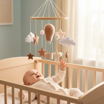 Brown Hot Air Balloon Soft Toy Baby Crib Bell Newborn Soothing Bed Hanging Bedside Bell Ringing