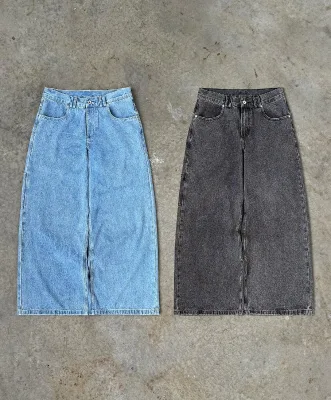 High Quality Mid Washed Heavyweight 13oz Denim Pants Cotton Custom Leather Patch Label Cargo Pants Wide Leg Jeans Men
