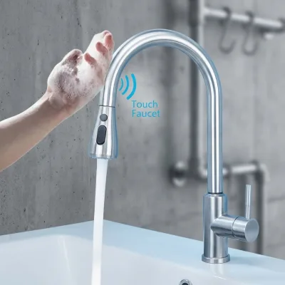Motion Sensor Hands Free Pull Out Brushed Nickel Finish 360 Degree Swivel High Arc Kitchen Faucet with Ceramic Cartridge
