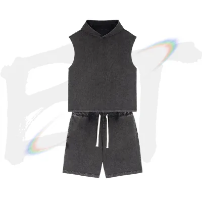 Acid Washed Men Set 2 Piece Tanktop Shorts Gym Custom Logo Embroidery Color 100% Cotton Ribbed Sleeveless Men's Tank Tops Sets