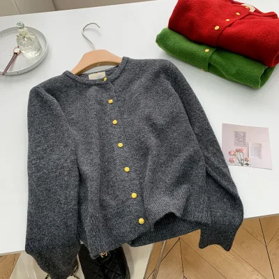 2024 Spring Autumn Korean Version Women's Soft Knit Cardigan Gold Buckle Crew Neck New Bottoming Wool Solid Pattern Acrylic