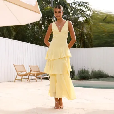 New Pure Desire Summer French Cake Skirt Female Fashion Elegant Sleeveless V Neck Dress Vestidos Mujer