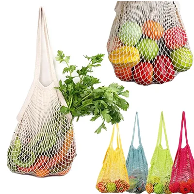 Portable Reusable Customizable Size Shopping Tote Woven Cotton Mesh Net Bag Short Handle Screen Printed Logo for Grocery Fruit