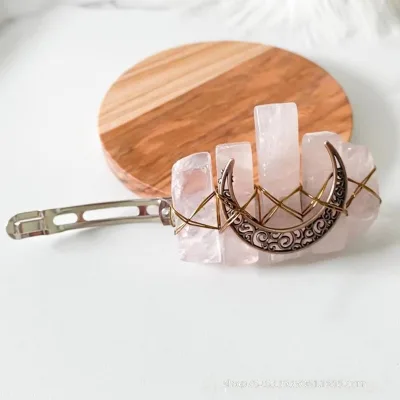 Natural Rose Quartz Crystal Handmade Raw-stone Moon-shaped Electroplated Hair Claw Clip Comb Pin for Women Best-selling Direct