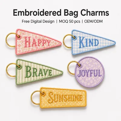 Wholesale Custom Embroidered Bag Charms Triangle Pennant Keychain Personalized Logo Word Tags OEM ODM Supplier