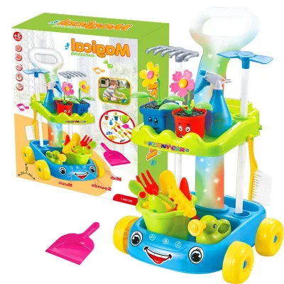 2024 Magical Indoor Outdoor Garden Toy Trolley Pretend Play Set Diy Toy Kids Plastic Cleaning Machine Cart Tools Garden Sets