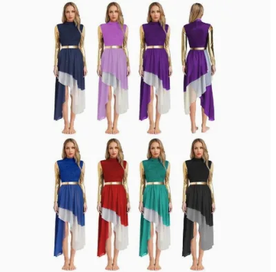 Women Lyrical Contemporary Dance Dress Blue Gold Long Sleeve Lace Asymmetrical Chiffon Skirt Stage Performance Outfit