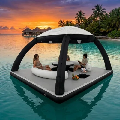 Hot Selling Isla Flotante Inflable Con bar Y Toldo Custom Inflatable Floating Bar Island with Canopy Floating Island on Water
