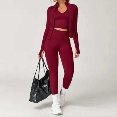Seamless Sports Jacket Three-Piece Set Yoga Wear Solid Color Fitness Pants Casual Sports Two-Piece Set