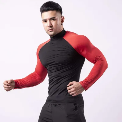 Good Quality Fitness Full Sleeve T Shirt for Men Custom Logo Gym Mock Neck Athletic T Shirt Polyester