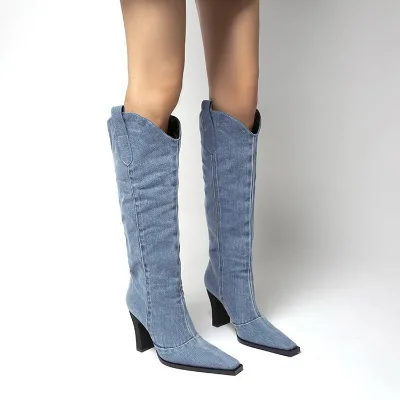 Women Thick Heel Western Cowboy Boots Pointed Toe Knee Boots Large Size Knight Boots