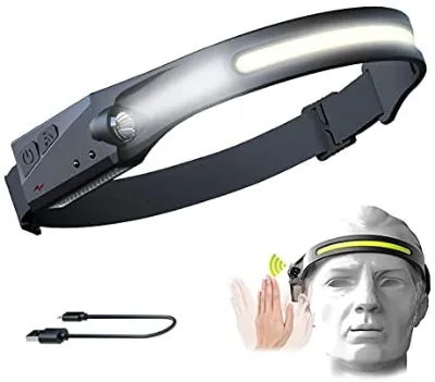 Motion Sensor Led Rechargeable Headlamp Silicone USB Hands-Free Headlight 5 Modes Lightweight Waterproof Headband