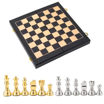 Foldable International Chess Set with Weighted Metal Chess Pieces Wooden Storage Chess Board for Travel & Home Decoration