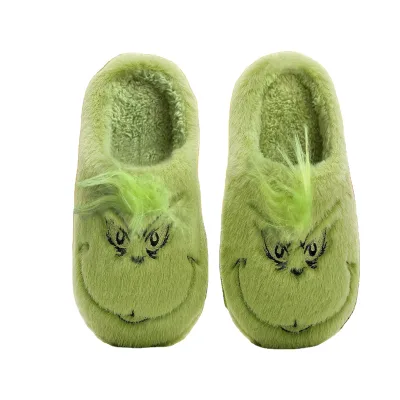 Thick Warm and Soft Grinch Themed Christmas Polyester Slippers Winter Indoor Footwear Factory