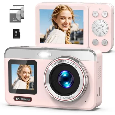 Digital Camera 5K Vlogging Photography 80MP Dual Screen Point Shoot Auto Focus 16X Zoom Flash 2 Batteries 32GB Card Teens Adults