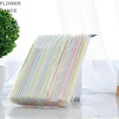 100pcs/Bag Disposable PP Green Yellow Blue Red and White Striped Flexible Plastic Straws for Drinks