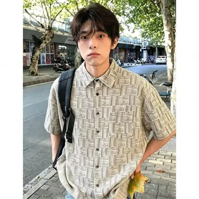 Men Plaid Jacquard Short Sleeve Shirt Oversized Lapel Casual Button up Tops