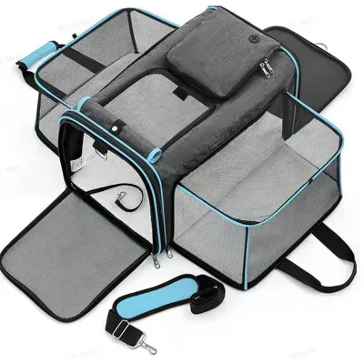 Expandable Foldable Pet Carrier Bag Breathable Mesh Travel Dog Cat Carrier With Shoulder Strap & Side Pocket