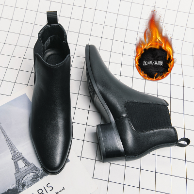 2119-1 Winter Mens Ankle Boots Genuine Leather Shoes Plush chelsea Boots with Heel