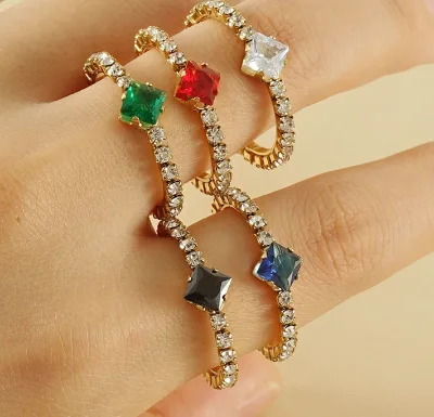 Wholesale Price Stainless Steel Zircon Ring Adjustable 18K Full Diamond Opening Ring Geometric Square Zircon Ring for Women
