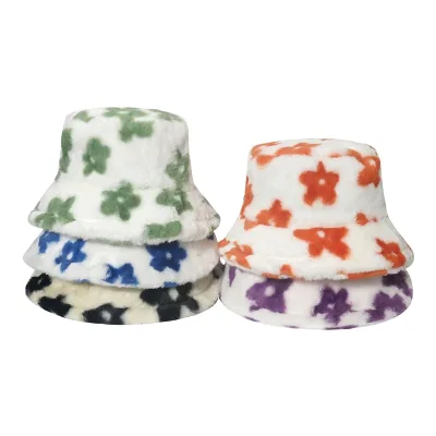 New Hot Sale Floral Pattern Velour Faux Fur Plush Winter Warm Soft Outdoor Fisherman Bucket Hat