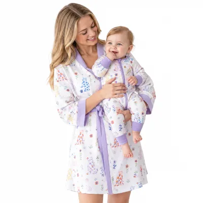 Custom Luxury Organic Bamboo Maternity Nursing Robe Nursing Gowns Matching Bamboo Baby Romper Set Mom Robe Women's Bathrobe